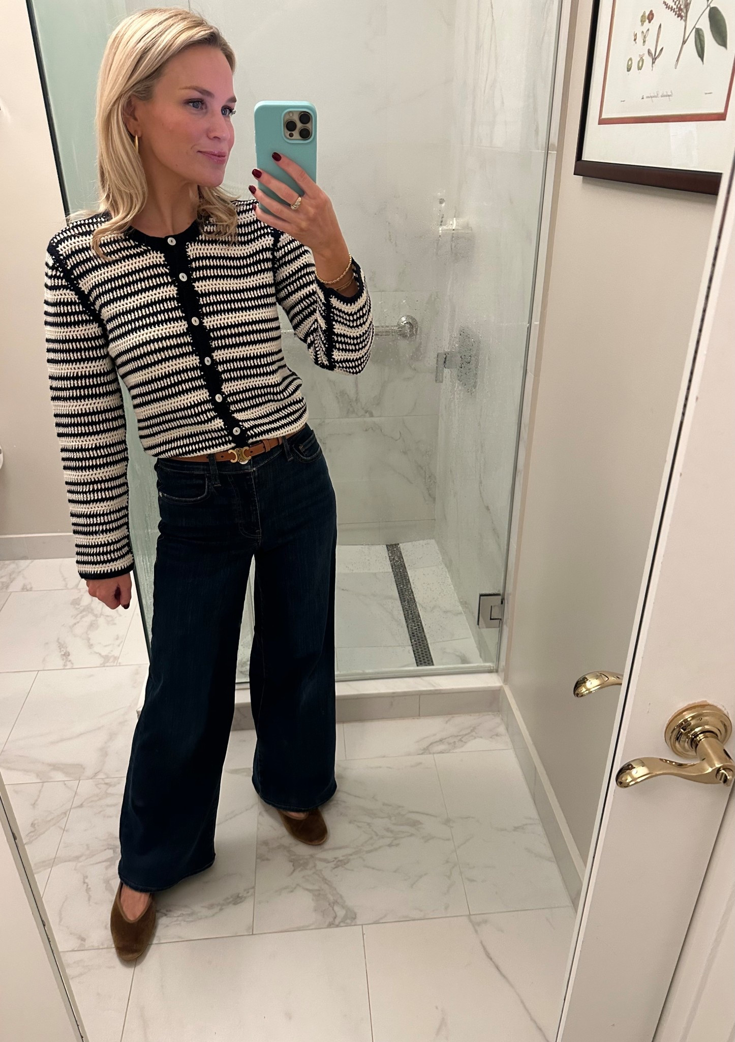 Nation Los Angeles crochet stripe cardigan ￼frame denim palazzo jeans 
@Tuckernuck velvet ballet flats 

#LTKootd #LTKgrwm #LTKSaleAlert