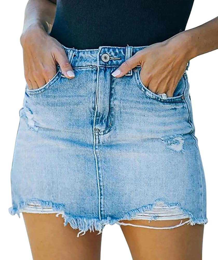GOBLES Women's Sexy Mid Waist Zipper Closure Frayed Raw Hem Ripped Mini Denim Skirts | Amazon (US)