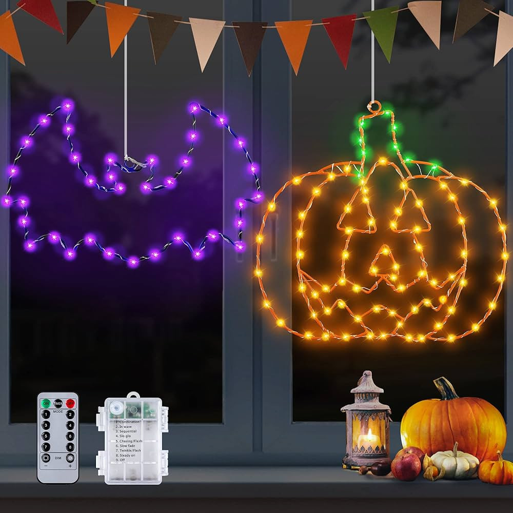Halloween Window Decorations Lights 2 Pack 12" Bat Pumpkin Halloween Lights Battery Operated with... | Amazon (US)