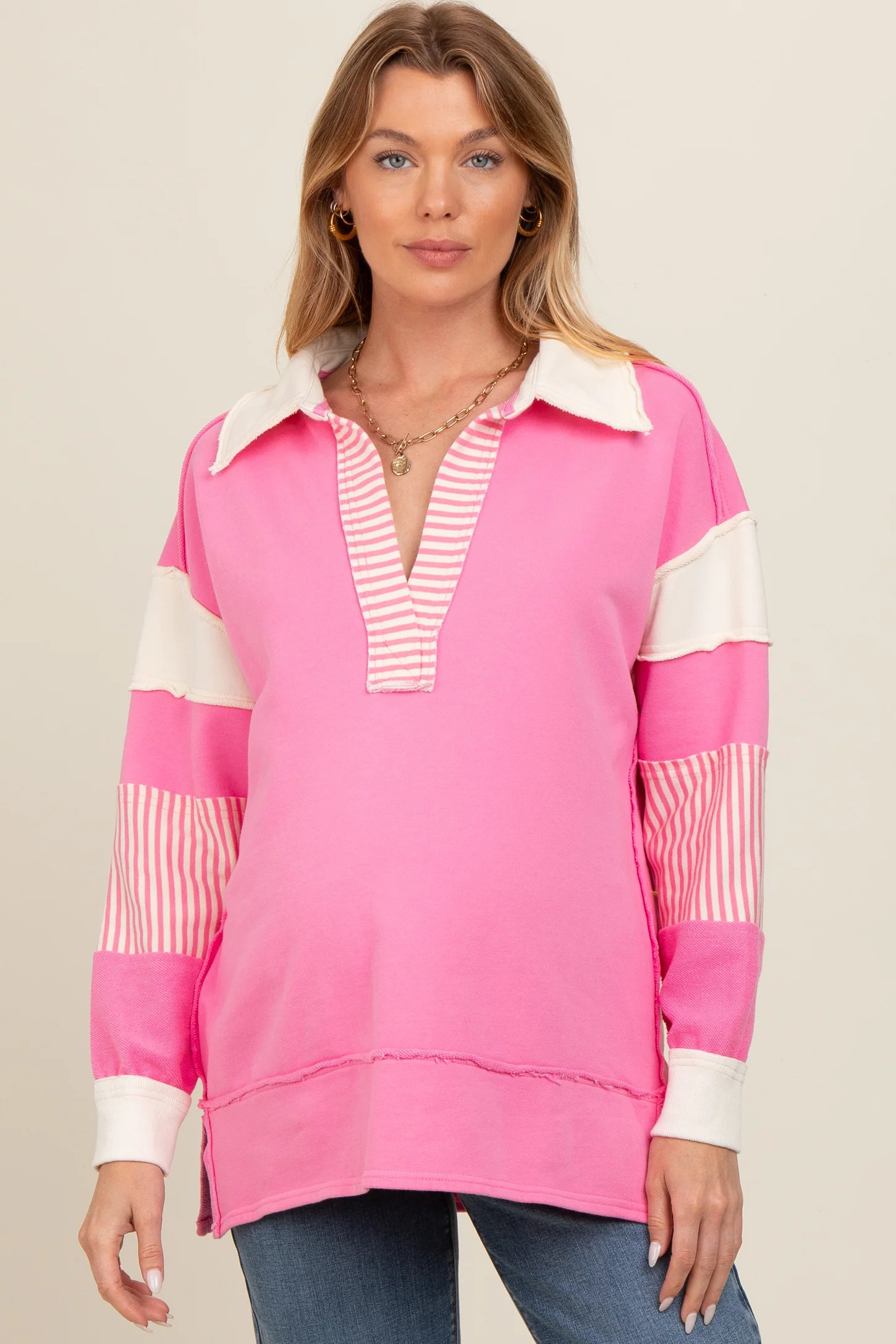 Pink Colorblock Stripe Maternity Polo Pullover Top | PinkBlush Maternity