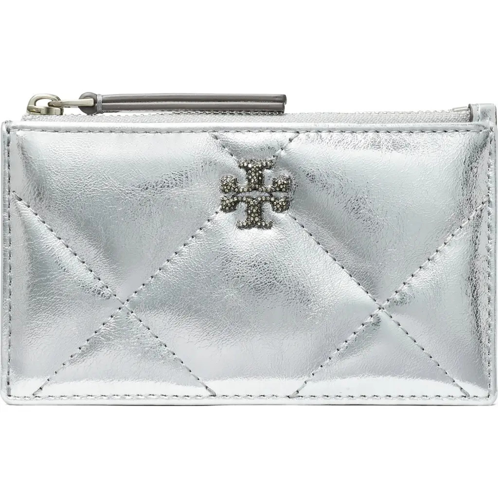 Tory Burch Kira Diamond Quilted Leather Zip Wallet in Silver at Nordstrom | Nordstrom