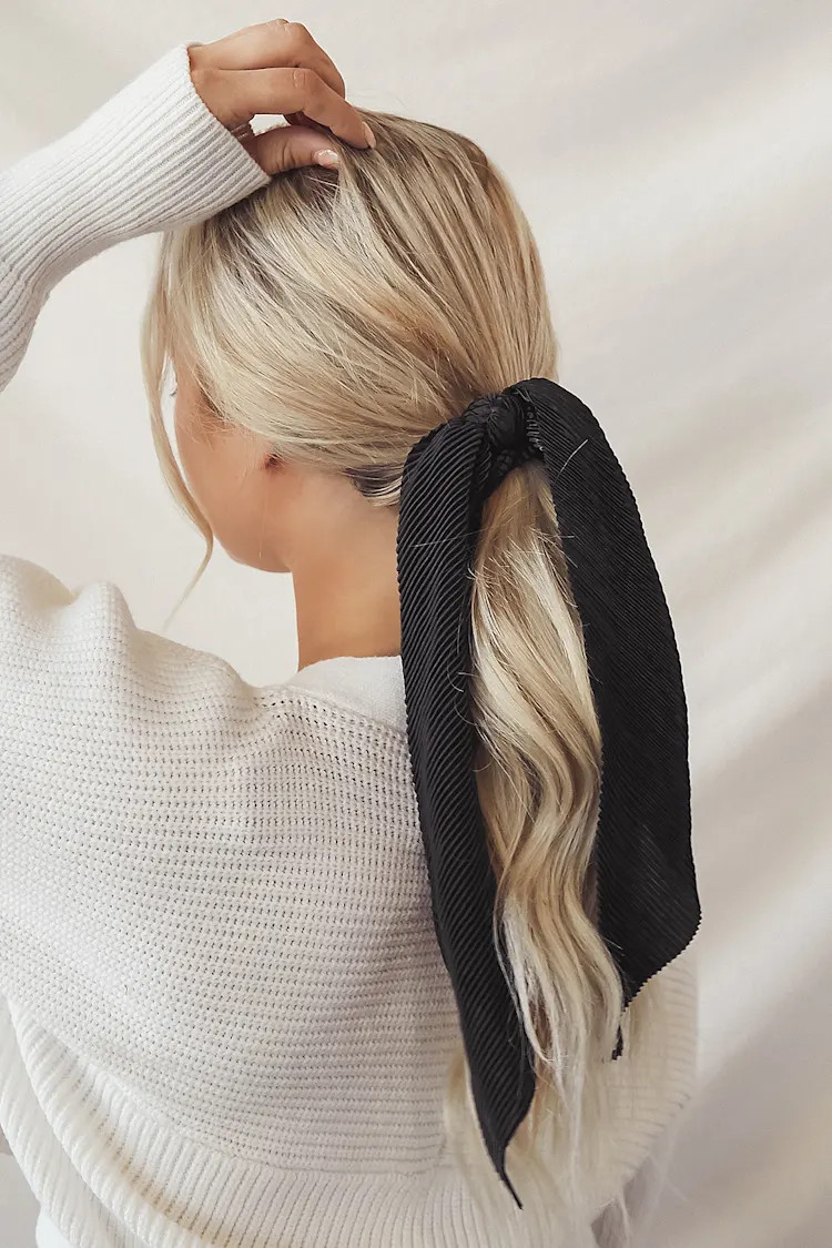 Breezy Way Out Black Ribbed Satin Scarf Ponytail Holder | Lulus (US)