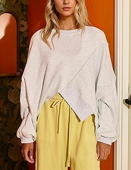 MISSACTIVER Women’s Crew Neck Cropped Sweatshirt Oversized Long Sleeve Ribbed Pullover Top Asym... | Amazon (US)