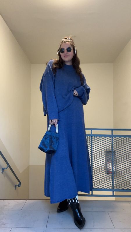 ASOS EDITION oversized knit sweater in petrol blue and A-line knit maxi skirt, matching set, co-ord, black and white flame cowboy boots, thin white satin ribbon from amazon for hair bow, rayban round sunglasses, gold jewelry from Amazon (hoop earrings, rings), colorful clothing, blue bag / purse with pearls

#LTKfindsunder50 #LTKfindsunder100 #LTKstyletip