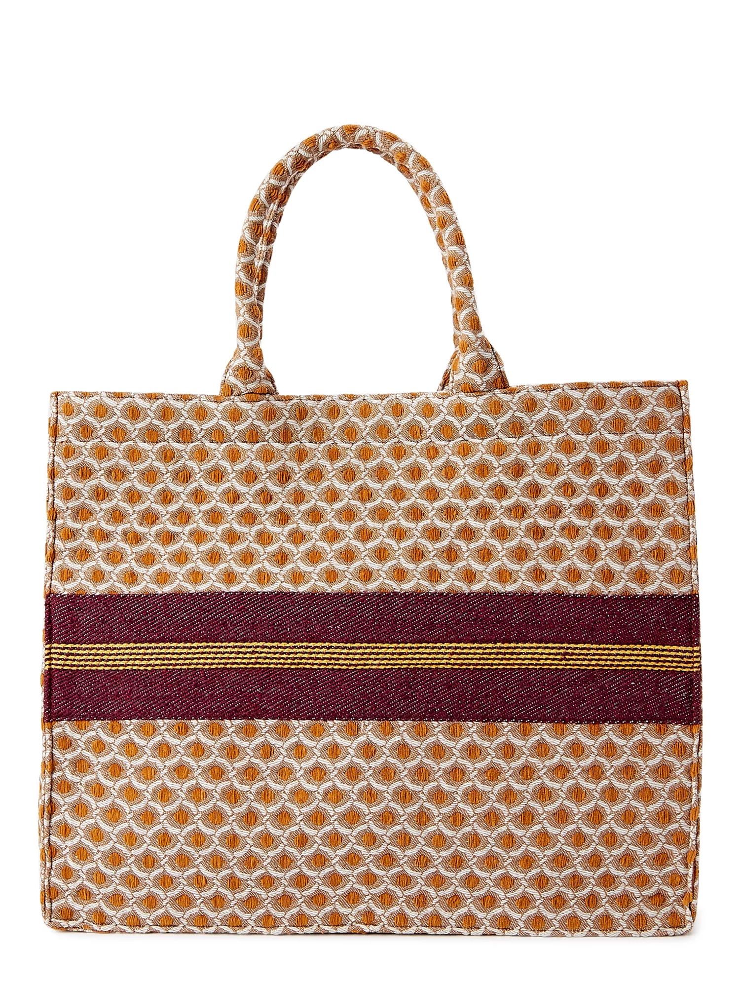 Time and Tru Women's Large Woven Tote Bag Gold Burgundy | Walmart (US)