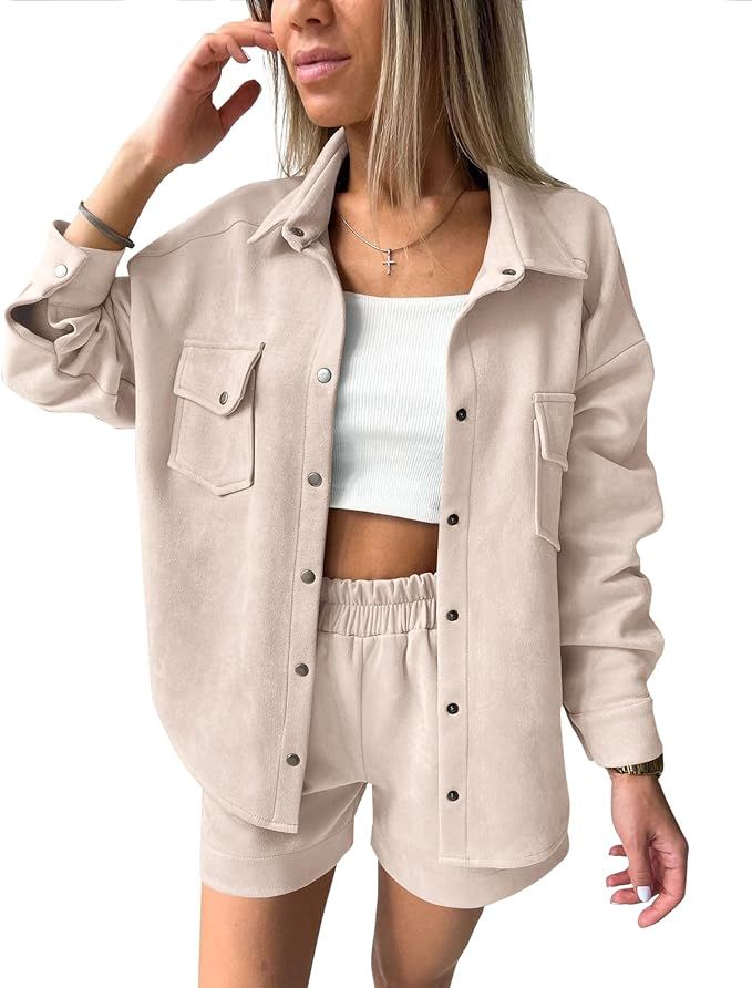 KIRUNDO Womens Fall Fashion 2023 Two Piece Outfits Lounge Sets Suede Long Sleeve Shirt Jacket Sho... | Amazon (US)