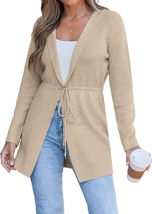 SunnyMelody Womens Drawstring Waist Hooded Cable Knit Cardigan Sweater | Amazon (US)