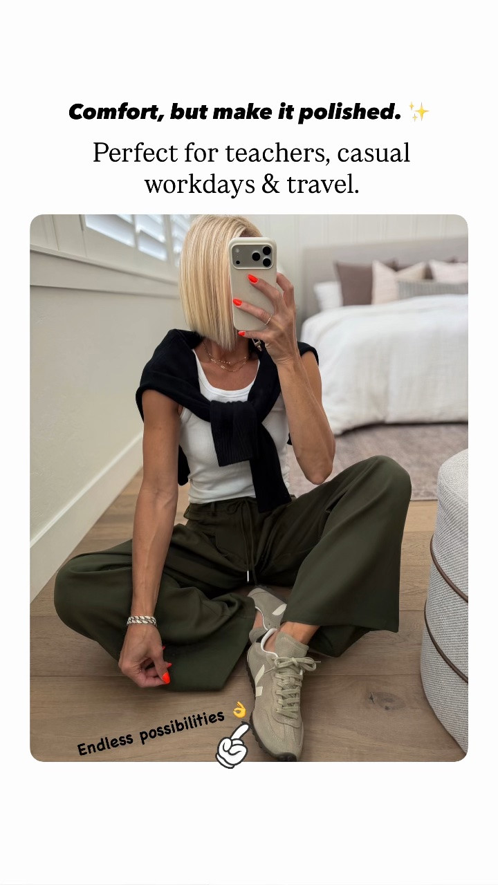 Mix n match closet staples!!
These new drapey-trousers that look polished, but still relaxed. They fit big, so size down. Wearing a small.
Easy ribbed tank, and fav $40 knit sweater in black. 
New neutral sneakers for fall! Fit tts

#LTKootd #LTKOver40 #LTKWorkwear