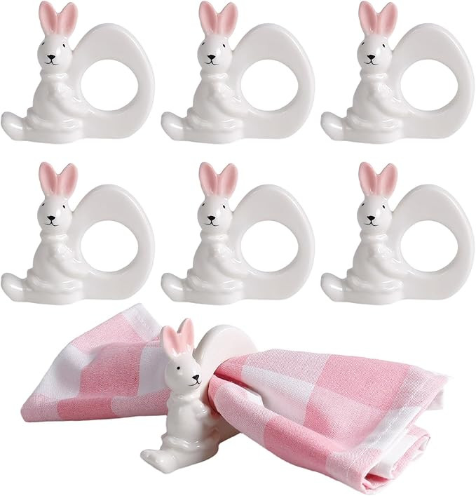 Easter Bunny Napkin Rings Set of 6, Ceramics White Rabbit Rustic Cute Porcelain Rings with Pink E... | Amazon (US)