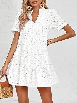 Imily Bela Womens Summer Lace Dresses Eyelet Casual Flowy Babydoll Swing Short Sleeve V Neck Tuni... | Amazon (US)