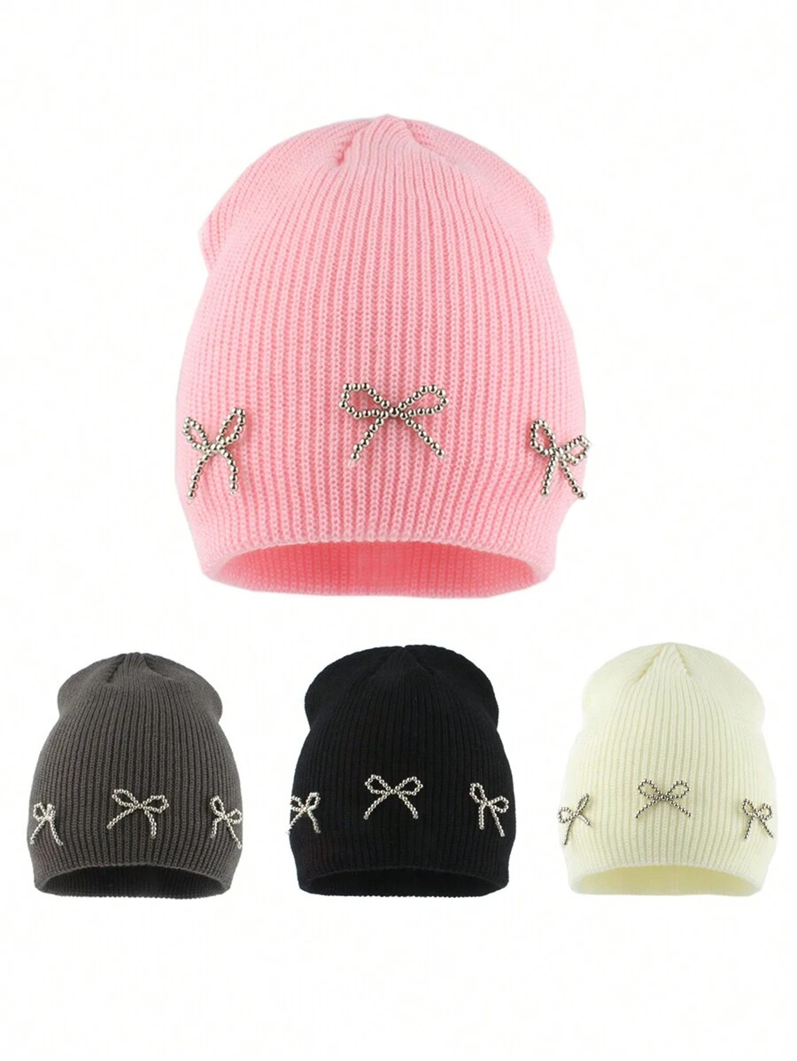 Winter Warm Knitted Hats For Women Korea Elegant Beaded Bow Cute Hat Fashion Street Hip Hop Beani... | SHEIN