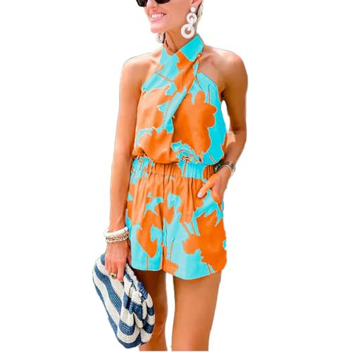 Mandonce Vacation Outfits For Women Sleeveless Off Shoulder Strappy Backless Top and High Waisted Elastic Shorts Print Trendy | Amazon (US)
