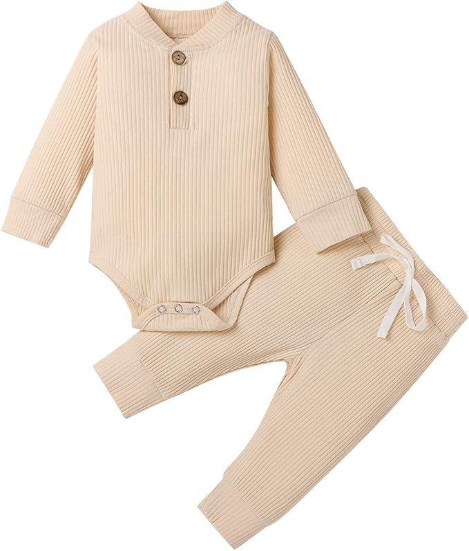 Newborn Baby Boy Girl Clothes Ribbed Knitted Cotton Long Sleeve Romper Long Pants Solid Color Fal... | Amazon (US)