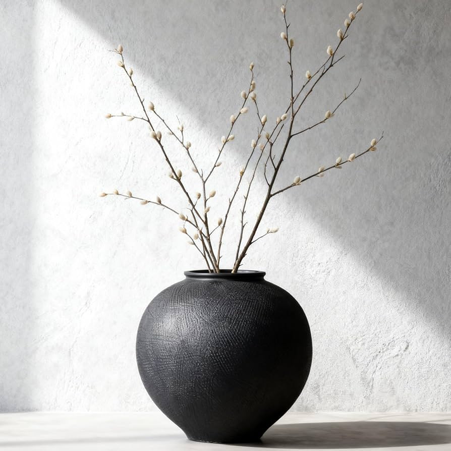 Black Vase for Flowers, 9” Textured Round Vases, Large Black Vase for Home Decor, Rustic Matte ... | Amazon (US)