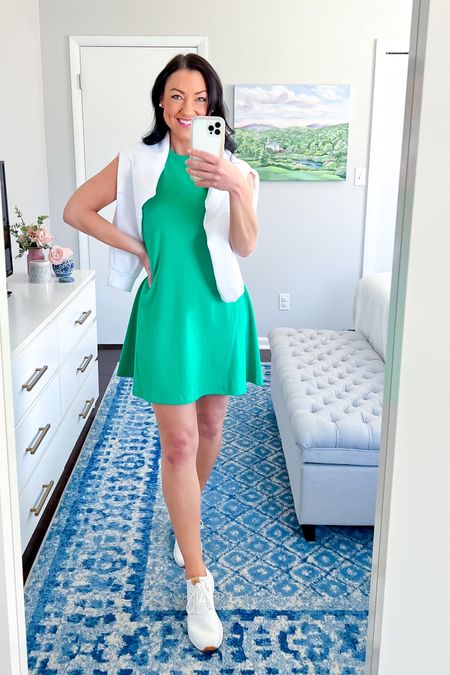 $15 Target tennis dress! This casual dress looks great by itself or layered under a white zip-up or pullover with white sneakers. You can also dress it up with a jean jacket and sneakers for a casual outfit (great for a teacher’s Friday attire or a day of shopping with friends!) Fits TTS, I’m wearing a small. 

Green dress, active dress, Target style, casual style, mom style, preppy, affordable, women’s summer clothing #target #targetstyle #targetfind #momstyle #casualstyle 

#LTKFind #LTKunder50 #LTKstyletip