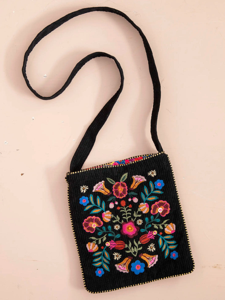 Embroidered Corduroy Crossbody - Black Folk Flower | Natural Life