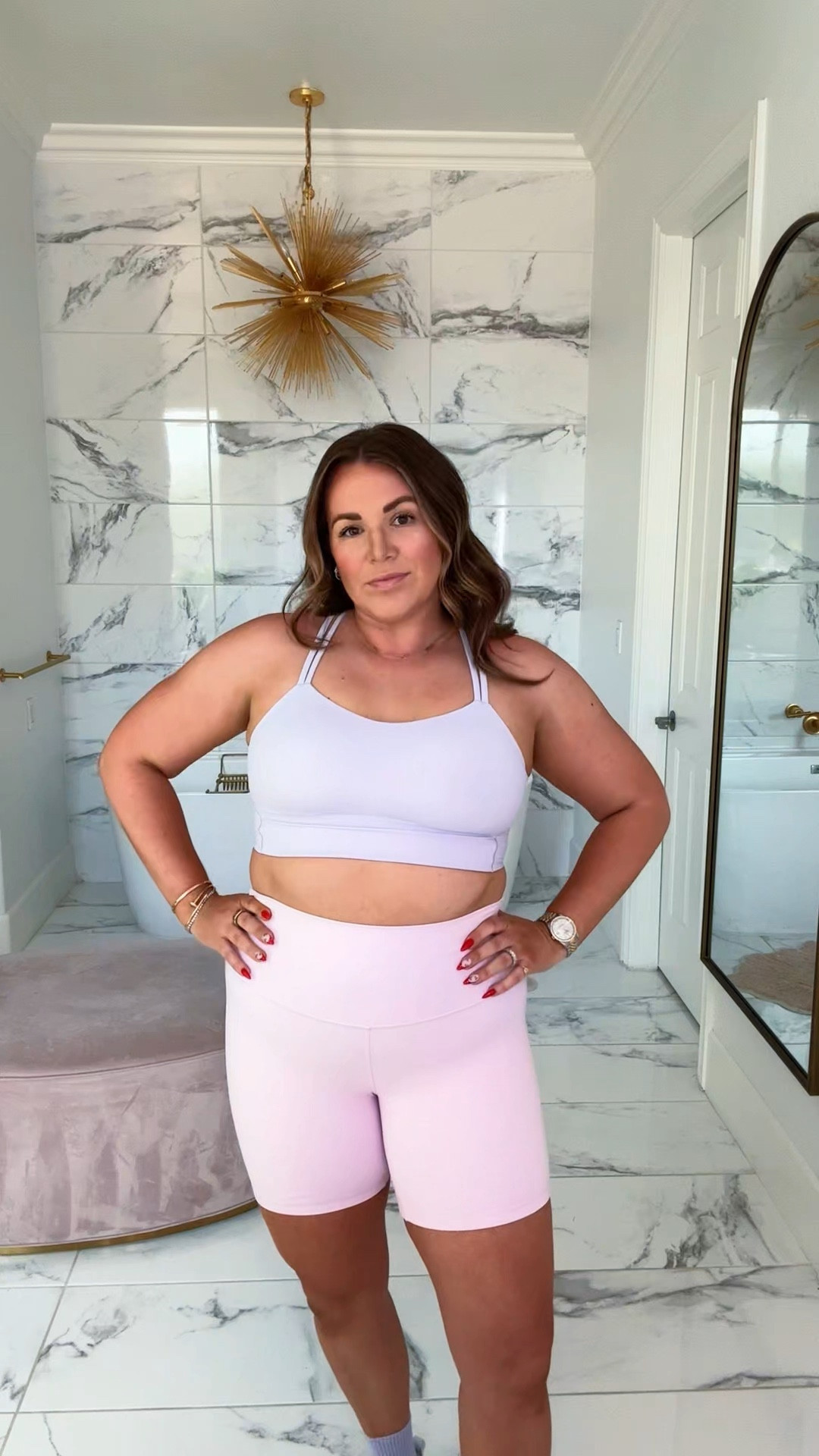 curvy fit midsize spring workout looks from lululemon! wearing lavender frost and pink organza colors 💜🩷 

#LTKActive #LTKSeasonal #LTKMidsize