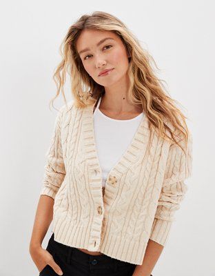 AE Cropped Cable Knit Cardigan | American Eagle Outfitters (US & CA)