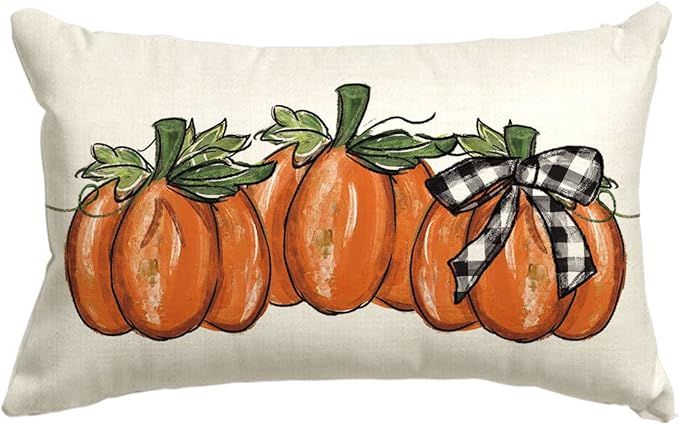 AVOIN colorlife Fall Watercolor Pumpkin Throw Pillow Covers, 12 x 20 Inch Buffalo Plaid Check Bow... | Amazon (US)