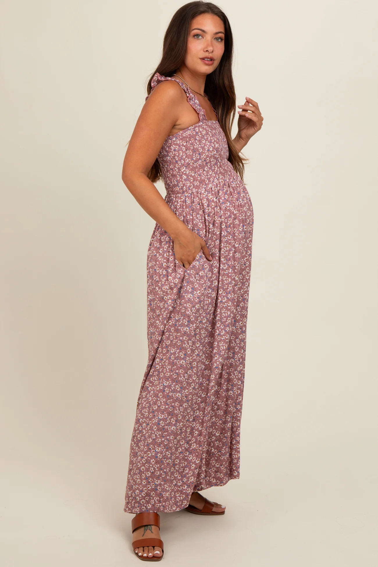 Mauve Floral Flowy Maternity Jumpsuit | PinkBlush Maternity