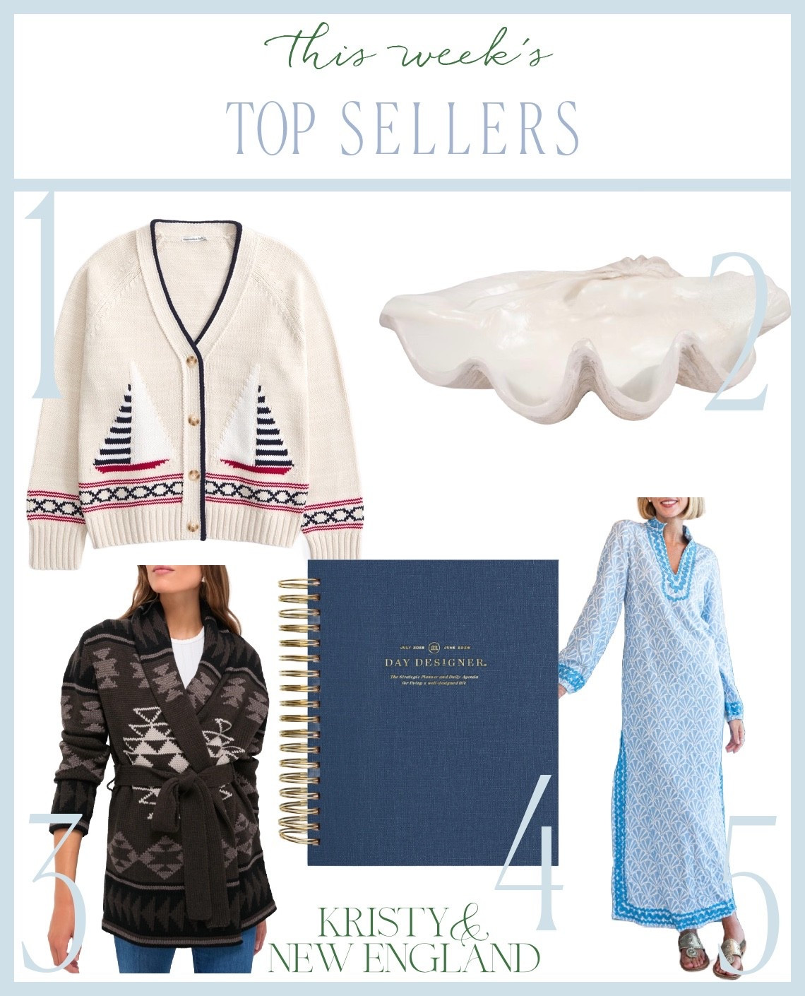 Top sellers of the week: nautical boat cardigan, clan shell decorative object, brown ranch cardigan, day designer planner, Nantucket caftan 

#LTKOver40 #LTKHome