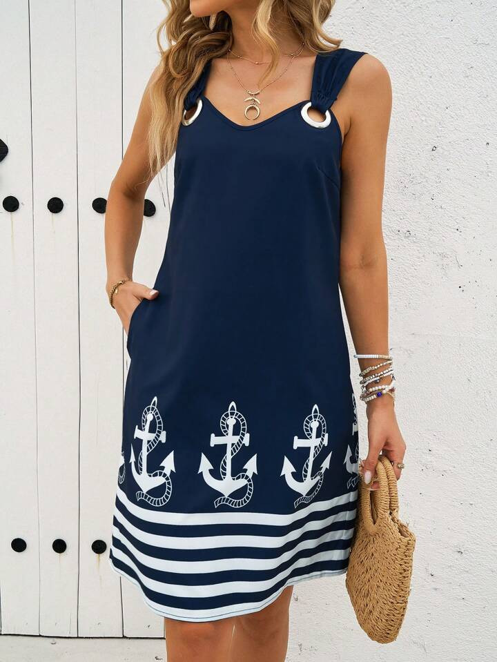 EMERY ROSE Women Summer Anchor And Striped Print Loose Casual Tank Dress | SHEIN