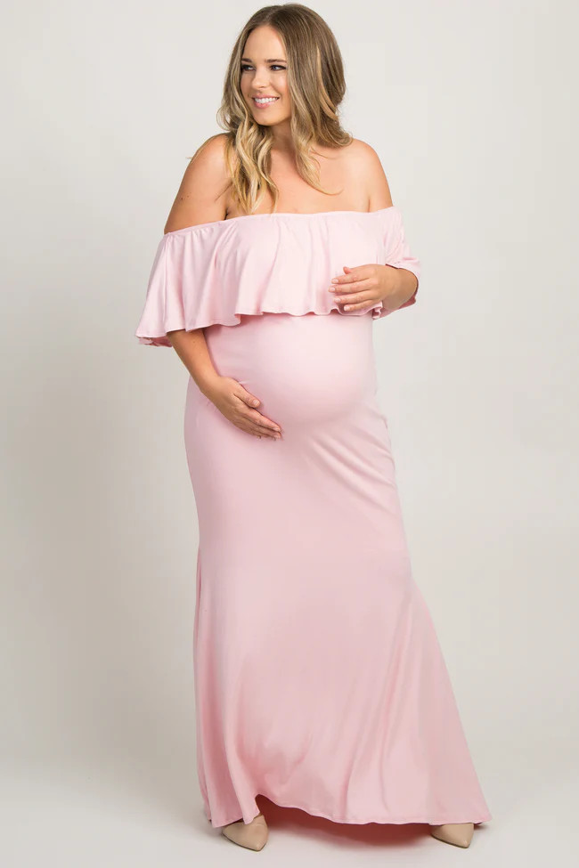 Pink Ruffle Off Shoulder Mermaid Plus Maternity Photoshoot Gown/Dress | PinkBlush Maternity