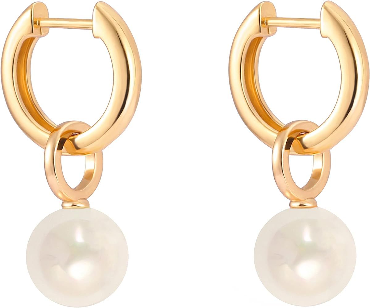 Pearl Earrings Dangle Leverback Earrings Long Pendant 18K Gold Geometric Triangle Dangle Earrings... | Amazon (US)