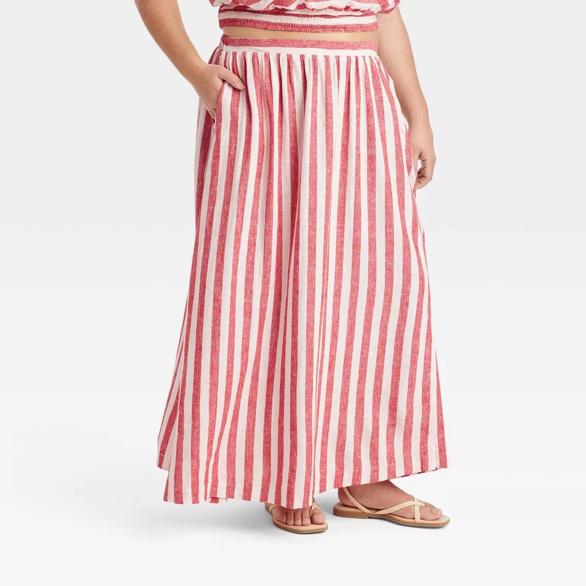 Women's Linen Maxi A-Line Skirt - Ava & Viv™ Red Striped XXL | Target