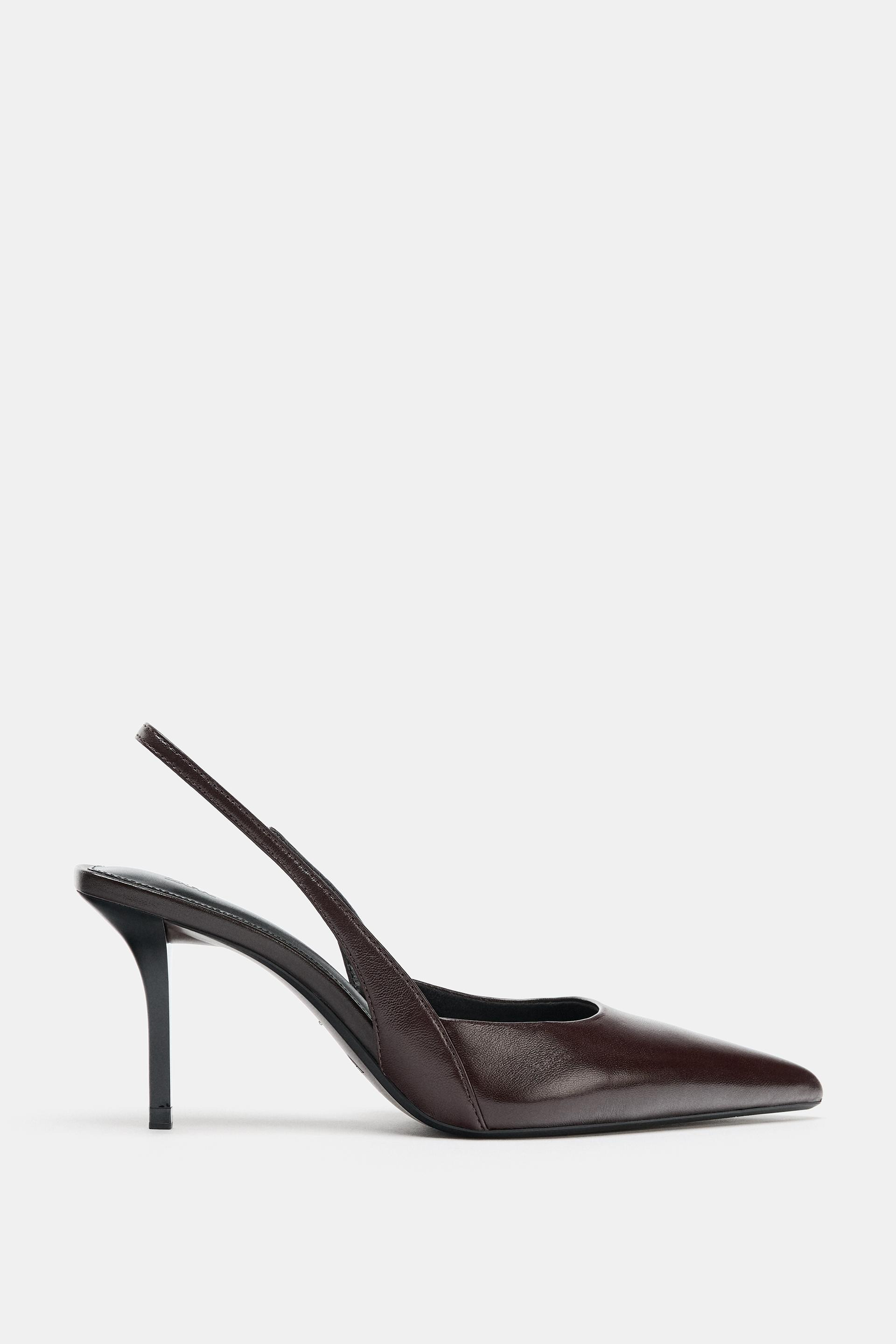 Zara - Leather Slingback Heeled Shoes - Brown - 6½ - Woman | Zara US