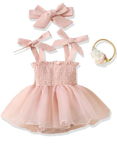 Renotemy Newborn Baby Girl Pink Tulle Romper Dress with Smocked Top, Boho Summer Outfit for Baptism, Wedding, Christening, Wedding, Cake Smash and Photography | Amazon (US)