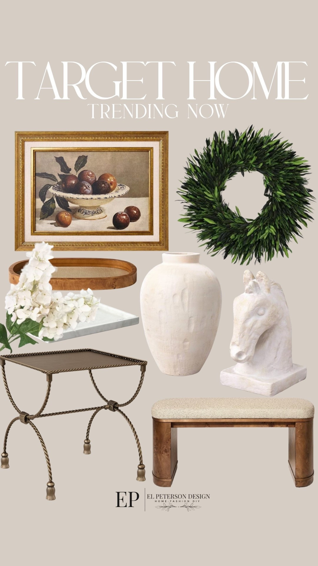 Target 
Wreath
Vase
House bust
Side table
Stems
Artwork
Trays
Bench

#LTKHome