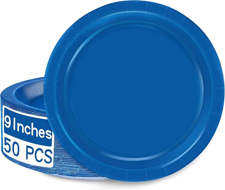QZYL 50 PCS Disposable Plates, 9 Inches Dark Blue Heavy Duty Round Set for Daily Use, Picnic, Ann... | Amazon (US)