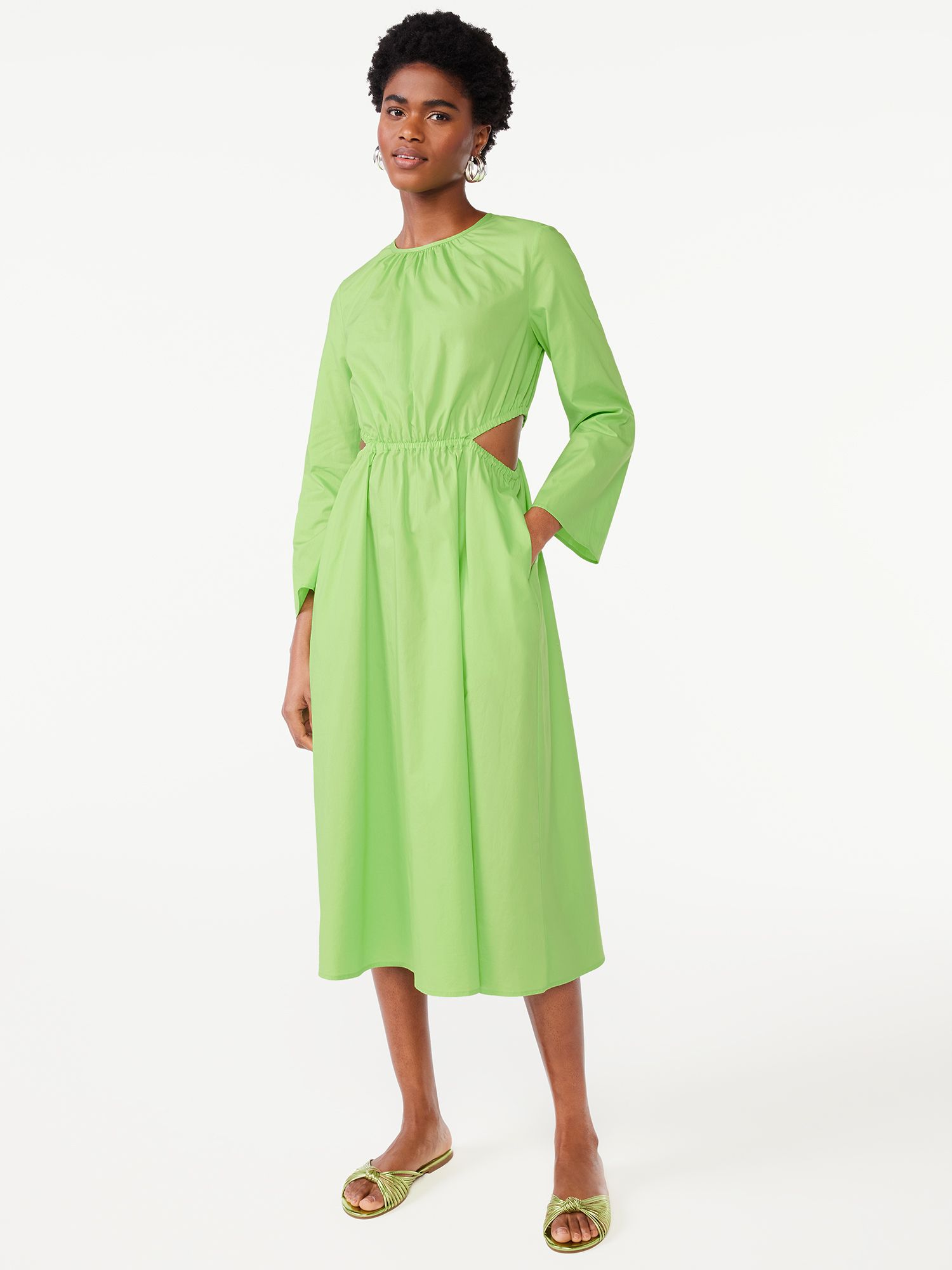 Scoop Women's Side Cut Out Midi Dress with Long Sleeves, Sizes XS-XXL - Walmart.com | Walmart (US)