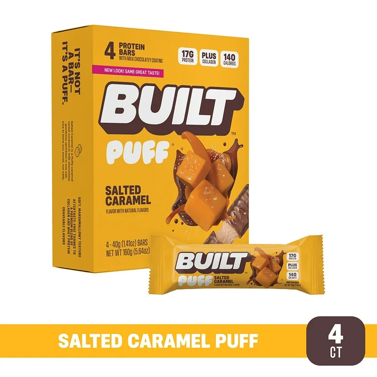 BUILT Puff Protein Bar, Salted Caramel, 15g Protein, Collagen, 4 Count Box, 1.55 oz Bars | Walmart (US)