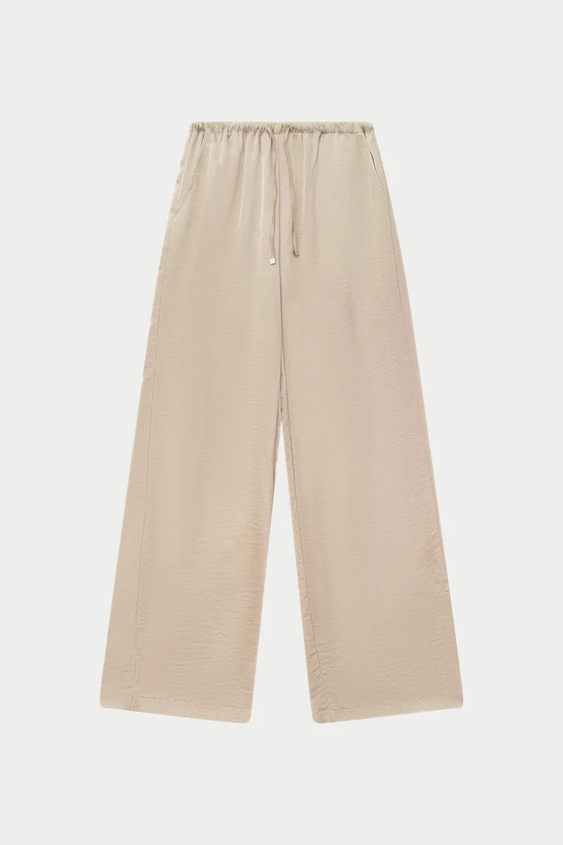 SATIN WIDE LEG EMBLEM TROUSERS - BEIGE | The Couture Club