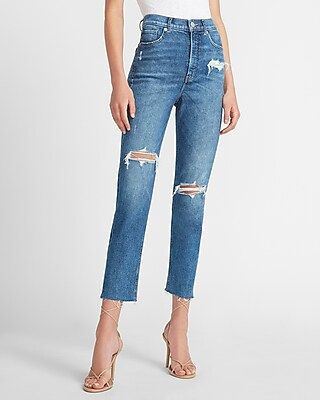 Super High Waisted Ripped Raw Hem Mom Jeans | Express