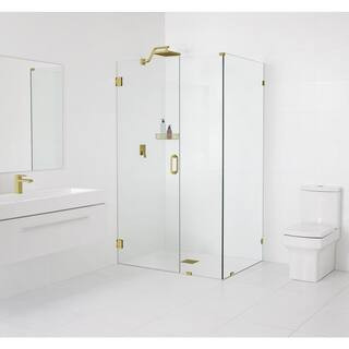 34 in. W x 34 in. D x 78 in. H Pivot Frameless Corner Shower Enclosure in Satin Brass Finish with... | The Home Depot