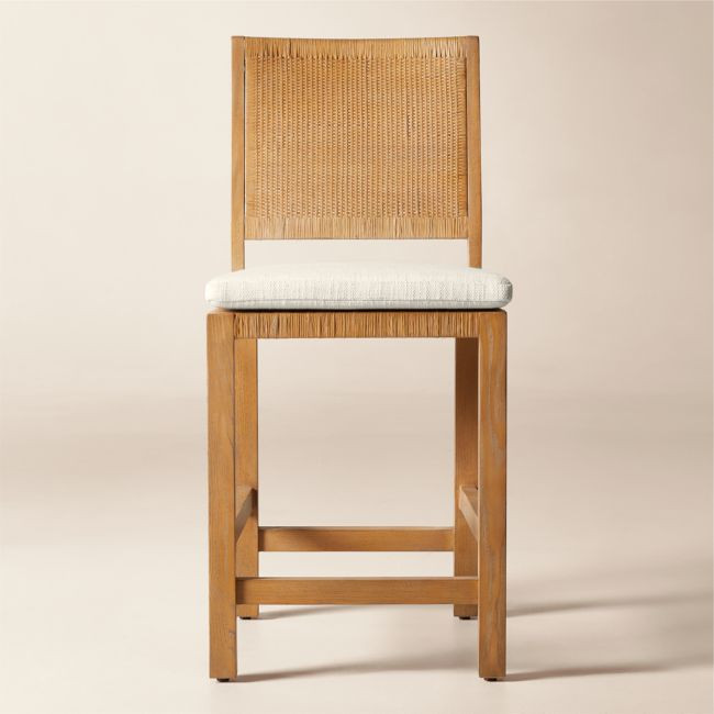 Plait Ash Wood and Woven Rattan Counter Stool with Warm White Performance Linen Cushion | CB2