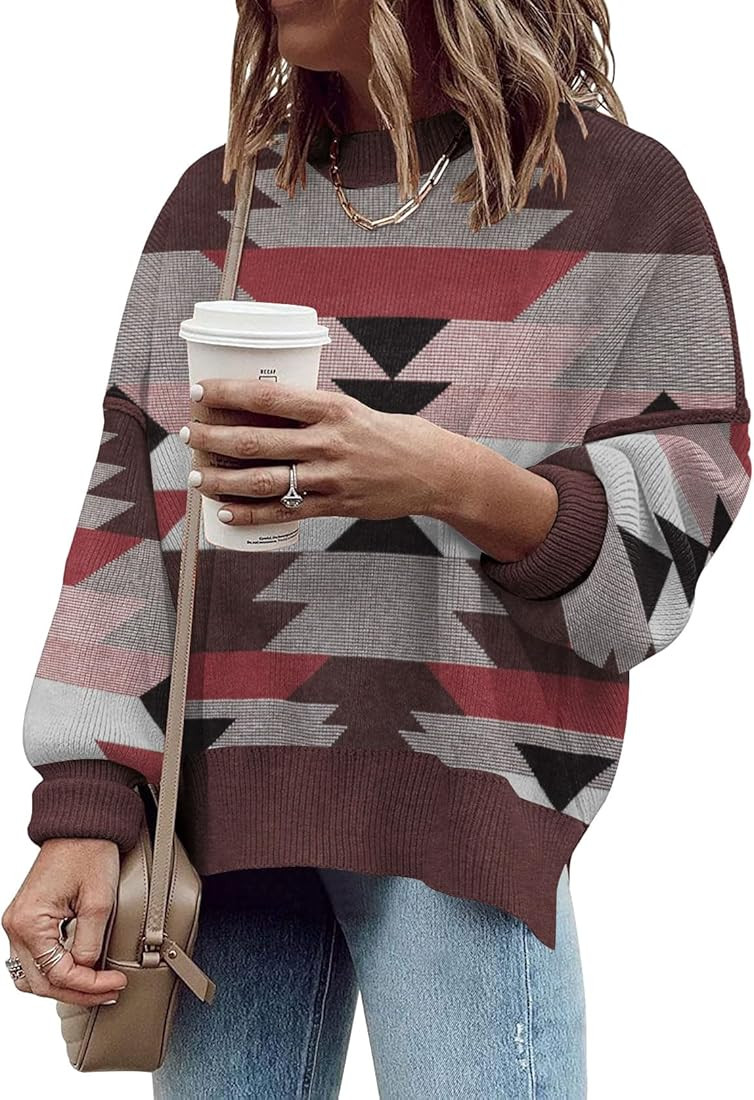 Women's Oversized Crewneck Sweaters Batwing Long Sleeve Side Slit Ribbed Knit Pullover Sweater To... | Amazon (US)