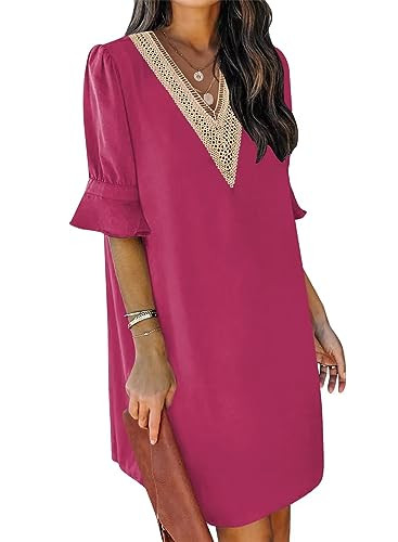 QACOHU Summer Dresses for Women V Neck Ruffle Short Sleeve Casual Shift Dress | Amazon (US)