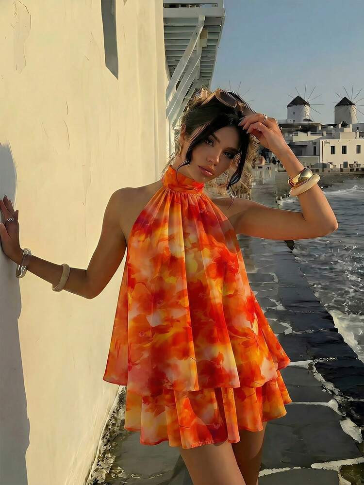 Aloruh Women's Elegant Sexy Orange Tie Dye Floral Print Backless Tie Strap Mini Dress, Women's Da... | SHEIN