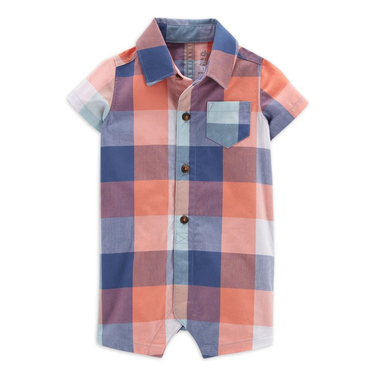 Child of Mine by Carter's Baby Boy Plaid Button Down One Piece Short Sleeve Romper, 0/3 Months - ... | Walmart (US)