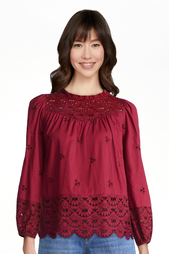 Time and Tru Women's Cotton Eyelet Blouse with Long Sleeves, Sizes XS-XXXL | Walmart (US)