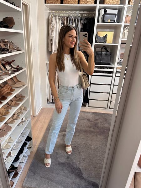 These carpenter jeans are so flattering! I'm wearing a size S in the bodysuit & a 25R in the jeans. My heels run TTS. My jeans are also currently on sale for 25% off + an additional 15% off with code DENIMAF // Abercrombie, AF outfit, summer outfit, jeans outfit