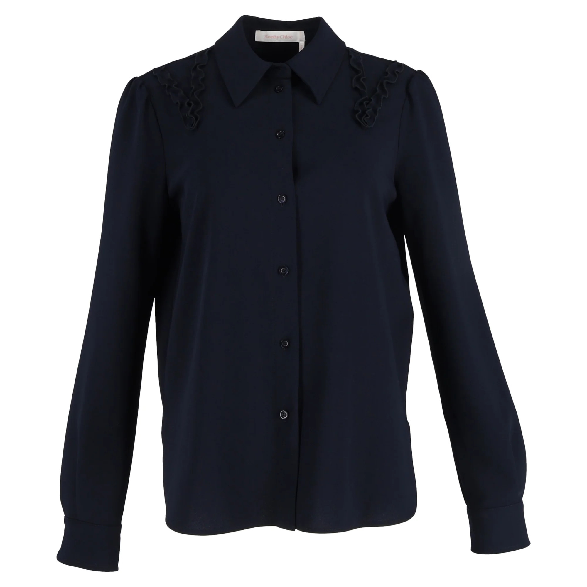 See by Chloé Frill Detail Blouse in Navy Blue Polyester | Shop Simon