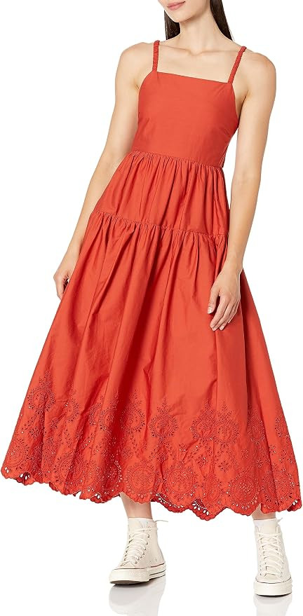 Moon River Women's Tiered Shirred Back Tie Cut-Out Eyelet Midi Dress | Amazon (US)