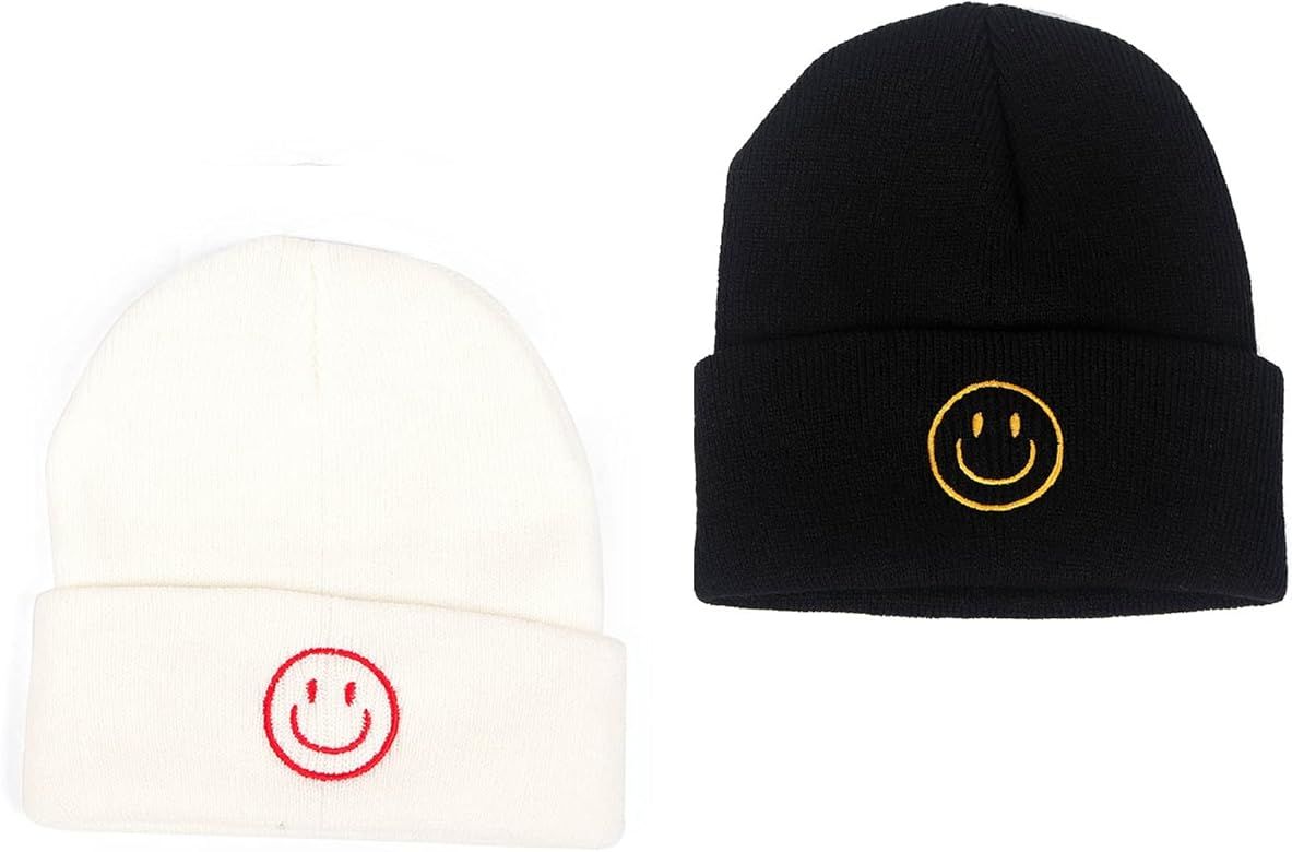 AJG Black Beanie Hats for Men,Smile Face Embroidered Acrylic Soft Winter Hats for Women | Amazon (US)