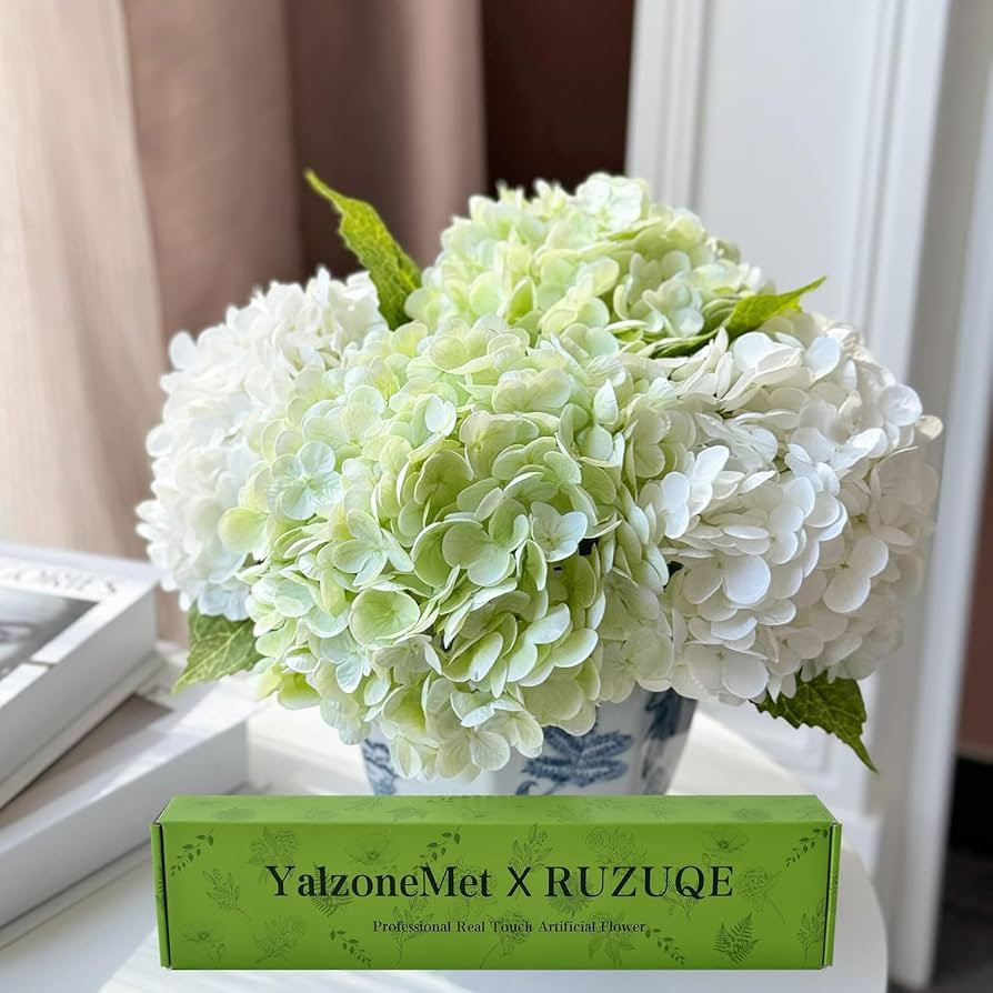 YalzoneMet Artificial Hydrangea Flowers 4 Pcs 2 White 2 Light Green 21 inch Long Rod Real Touch L... | Amazon (US)