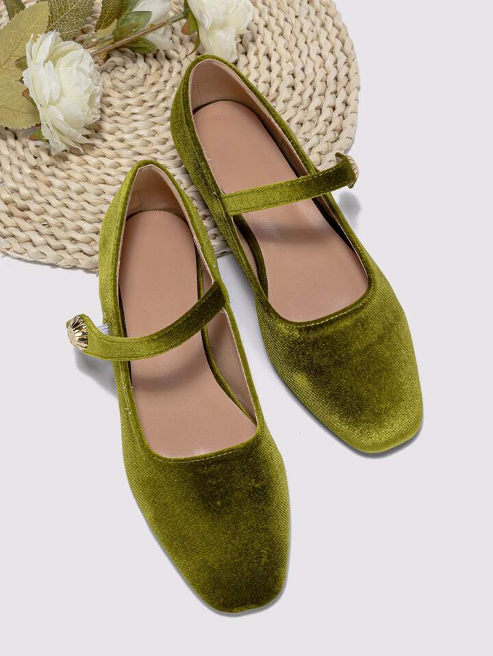 Flower Decor Square Toe Velvet Mary Jane Flats | SHEIN